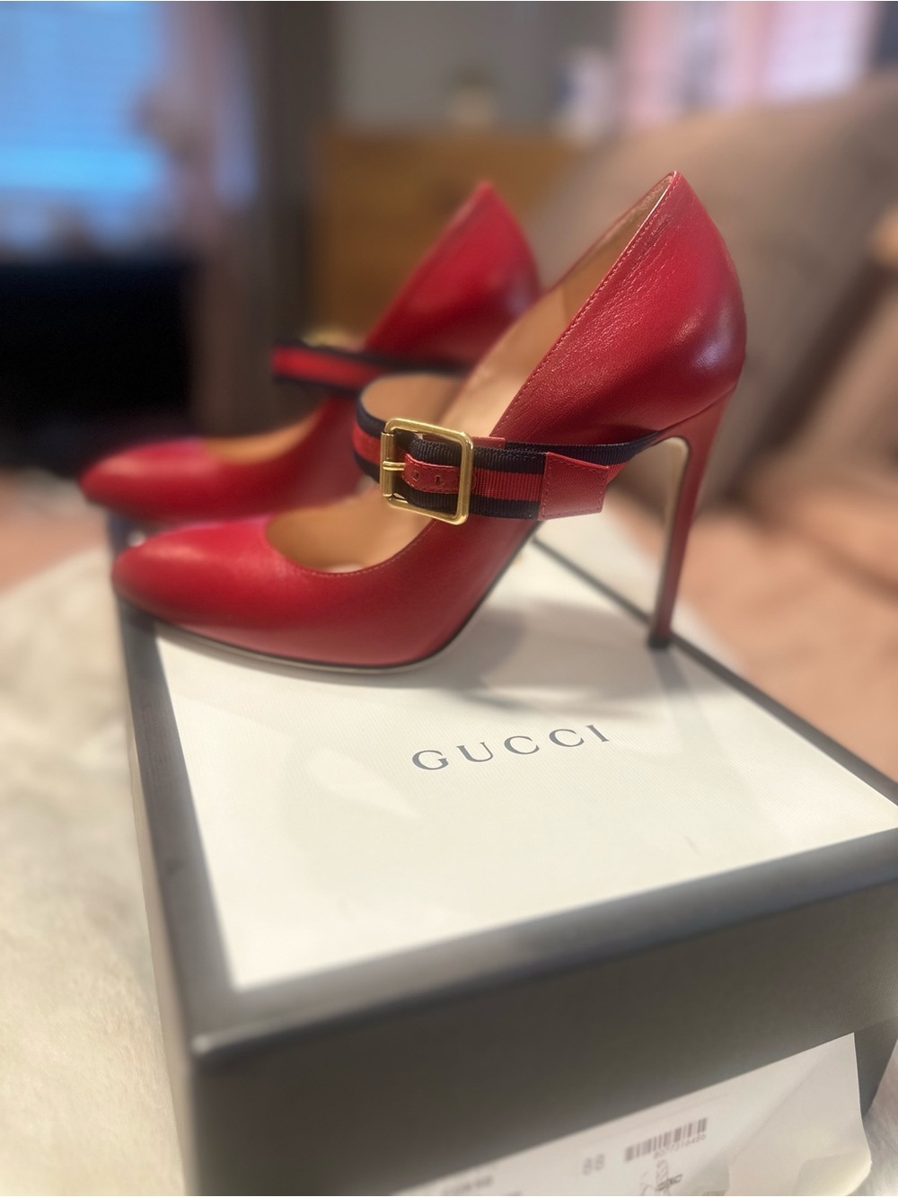 Gucci Red Leather Mary Jane Pumps with Navy-Red Web Strap and Gold Buckle